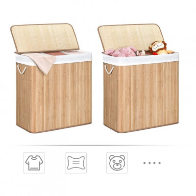 Bambusový košík na bielizeň 150 l s 3 priehradkami a vekom