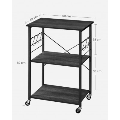 Kuchynský vozík s 3 policami a háčikmi, čierny, 60x40x84 cm
