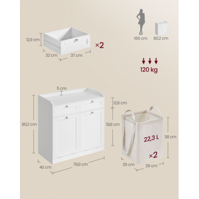 Kúpeľňová skrinka s košmi na bielizeň, biela, 80×78×40 cm