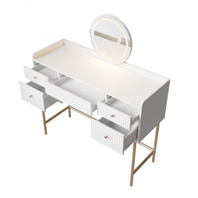 Toaletný stolík s LED zrkadlom, 5 zásuviek, biela/zlatá