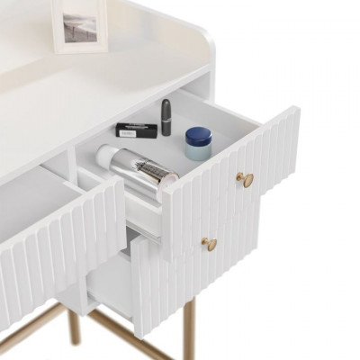 Toaletný stolík s LED zrkadlom, 5 zásuviek, biela/zlatá