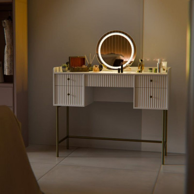 Toaletný stolík s LED zrkadlom, 5 zásuviek, biela/zlatá