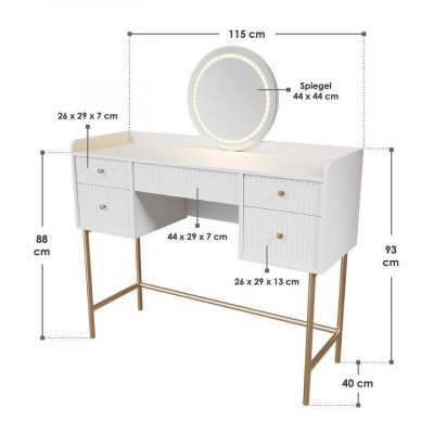 Toaletný stolík s LED zrkadlom, 5 zásuviek, biela/zlatá