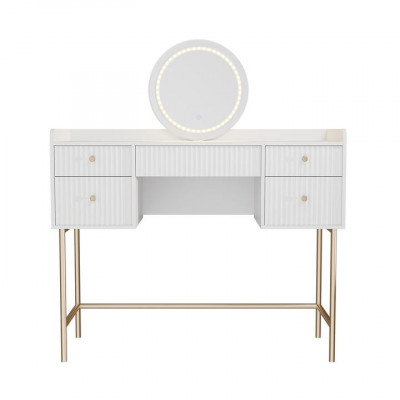 Toaletný stolík s LED zrkadlom, 5 zásuviek, biela/zlatá