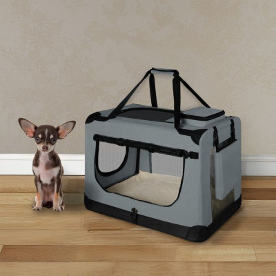 Skladací prepravný box pre psov, sivý, s posteľou, veľkosť S