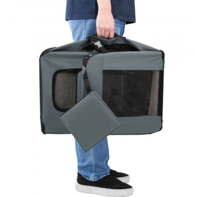 Skladací prepravný box pre psov, sivý, s posteľou, veľkosť M