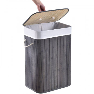 Bambusový košík na bielizeň s vekom, 72 l, sivý