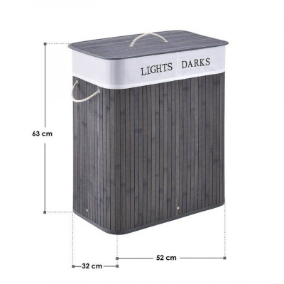 Bambusový košík na bielizeň 100 l, 2 priehradky, sivý