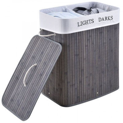 Bambusový košík na bielizeň 100 l, 2 priehradky, sivý