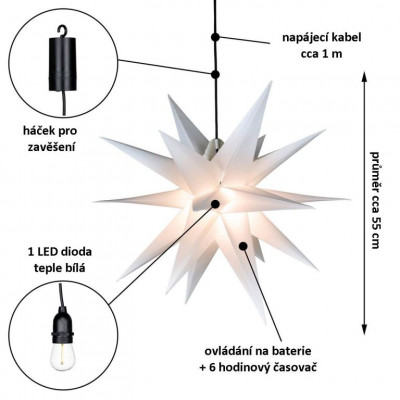 Vianočná dekorácia - hviezda s časovačom 1 LED, 55 cm, biela