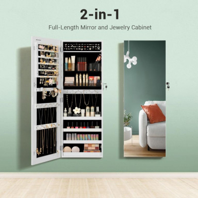 Závesná šperkovnica s veľkým zrkadlom, 2 v 1, biela