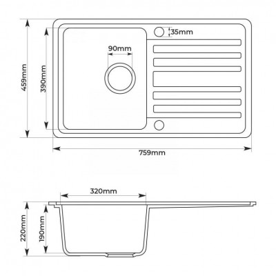 Aquamarin Granitový kuchynský drez, 76 x 46 cm, čierny