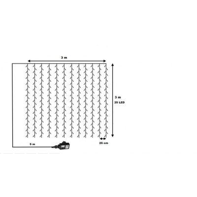 Vianočný svetelný záves - 3x3 m, 300 LED, studeno biely