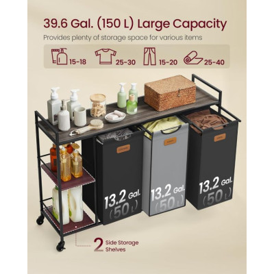 VASAGLE kôš na bielizeň 150 L, 3 priehradky, hnedo-čierny