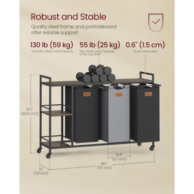 VASAGLE kôš na bielizeň 150 L, 3 priehradky, hnedo-čierny