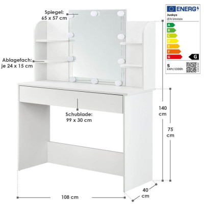 Toaletný stolík s LED osvetlením a zrkadlom, biely