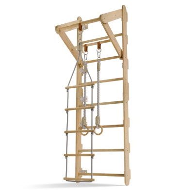 Detské drevené rebriny s hrazdou, kruhmi, povrazovým rebríko