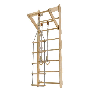 Detské drevené rebriny s hrazdou, kruhmi, povrazovým rebríko