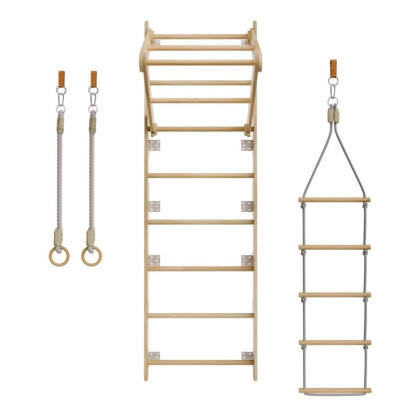 Detské drevené rebriny s hrazdou, kruhmi, povrazovým rebríko