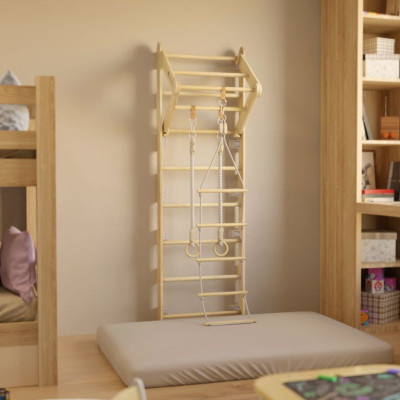 Detské drevené rebriny s hrazdou, kruhmi, povrazovým rebríko
