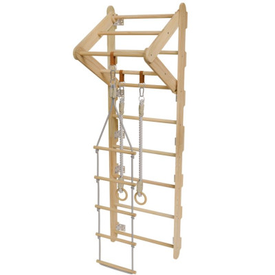 Detské drevené rebriny s hrazdou, kruhmi, povrazovým rebríko