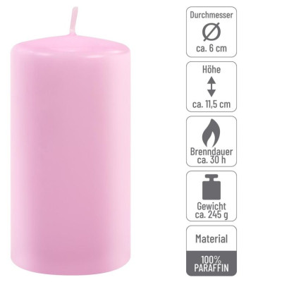 Sada stĺpových sviečok, 11,5 cm, Ø 6 cm, ružová, 6 ks