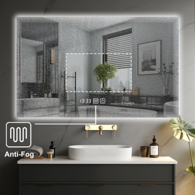 Luxusné LED zrkadlo do kúpeľne 90×70, hodiny a odmlžovanie