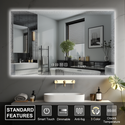 Luxusné LED zrkadlo do kúpeľne 90×70, hodiny a odmlžovanie