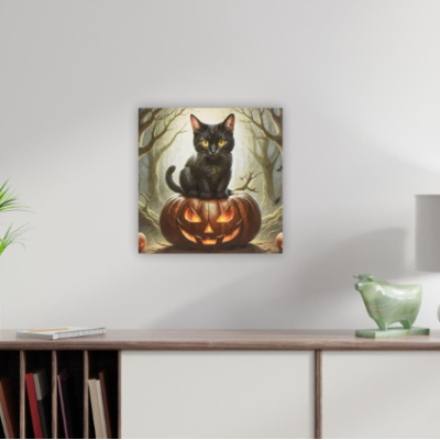 Nástenná maľba mačka na tekvici, 4 LED, 40 x 40 cm