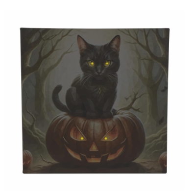 Nástenná maľba mačka na tekvici, 4 LED, 40 x 40 cm