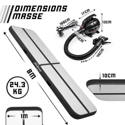 Physionics Airtrack nafukovacia žinenka, 8 m, čierna