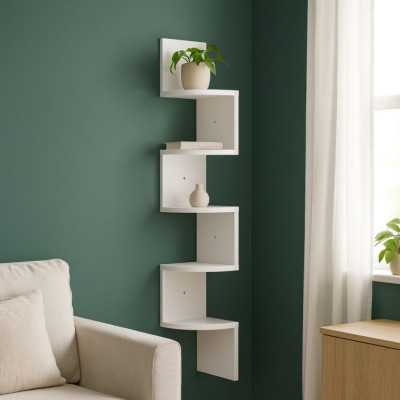 Rohová závesná polica, biela, 5 políc, 20×127 cm