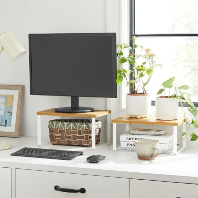 SONGMICS poličky do kuchyne, 2 ks, kov a bambus, biela/príro