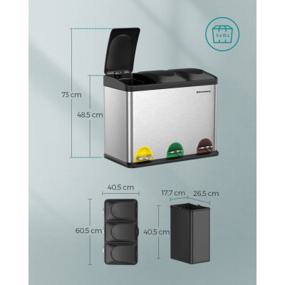 Triediaci odpadkový kôš nerez 3×15 l s pedálmi