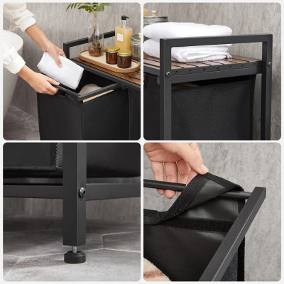 Kôš na bielizeň s dvoma priehradkami, hornou policou, čierny