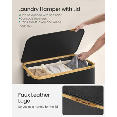 150 l košík na bielizeň s 3 priehradkami, čierny, bambus