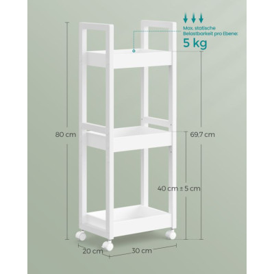 Kúpeľňový regál s kolieskami 20x30x80 cm, biely