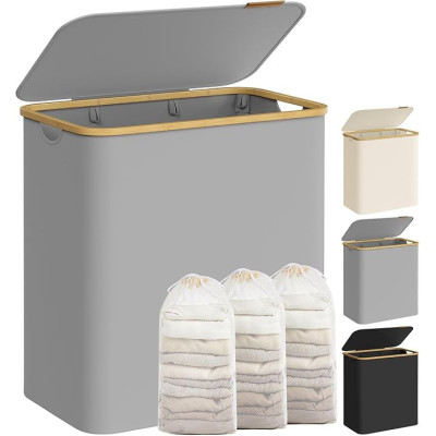 150 l košík na bielizeň s 3 priehradkami, sivý, bambus rám