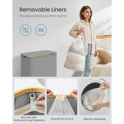 150 l košík na bielizeň s 3 priehradkami, sivý, bambus rám