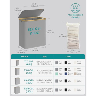 150 l košík na bielizeň s 3 priehradkami, sivý, bambus rám