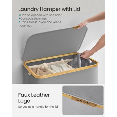 150 l košík na bielizeň s 3 priehradkami, sivý, bambus rám