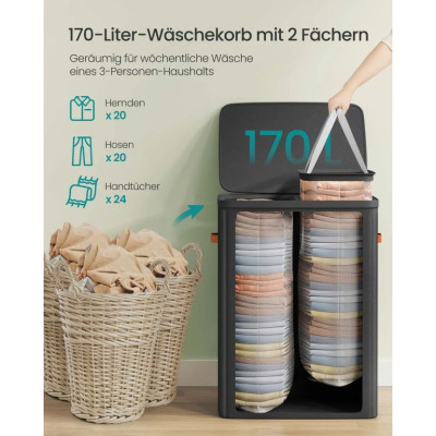 Dvojkomorový košík na bielizeň s vekom, čierny, 56x40x75 cm