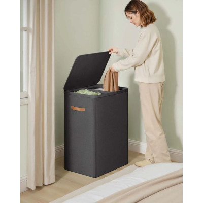 Dvojkomorový košík na bielizeň s vekom, čierny, 56x40x75 cm