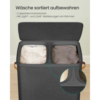 Dvojkomorový košík na bielizeň s vekom, čierny, 56x40x75 cm