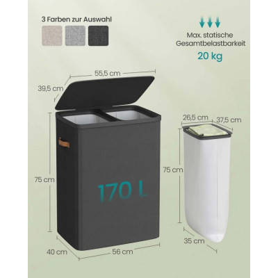 Dvojkomorový košík na bielizeň s vekom, čierny, 56x40x75 cm