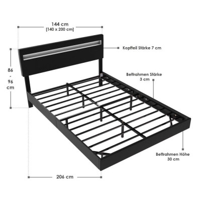 Plávajúca posteľ 140x200 cm, čierná s LED čelom