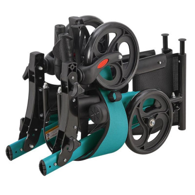 Ľahký hliníkový chodítko s taškou a sedadlom, tyrkysové