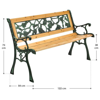Záhradná lavička 122 cm, motív ruží, drevo/liatina