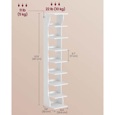 Biely úzky botník s háčikmi, 9 políc, 26,5 x 30 x 147 cm
