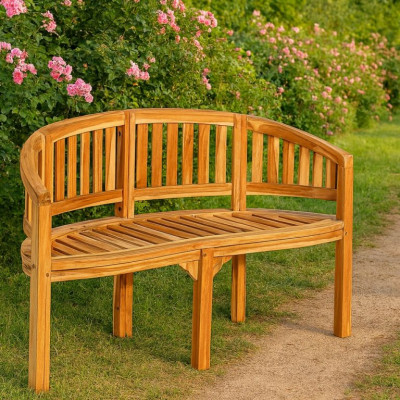 Teaková lavica do záhrady, oblý sedák,120 cm, prírodné drevo